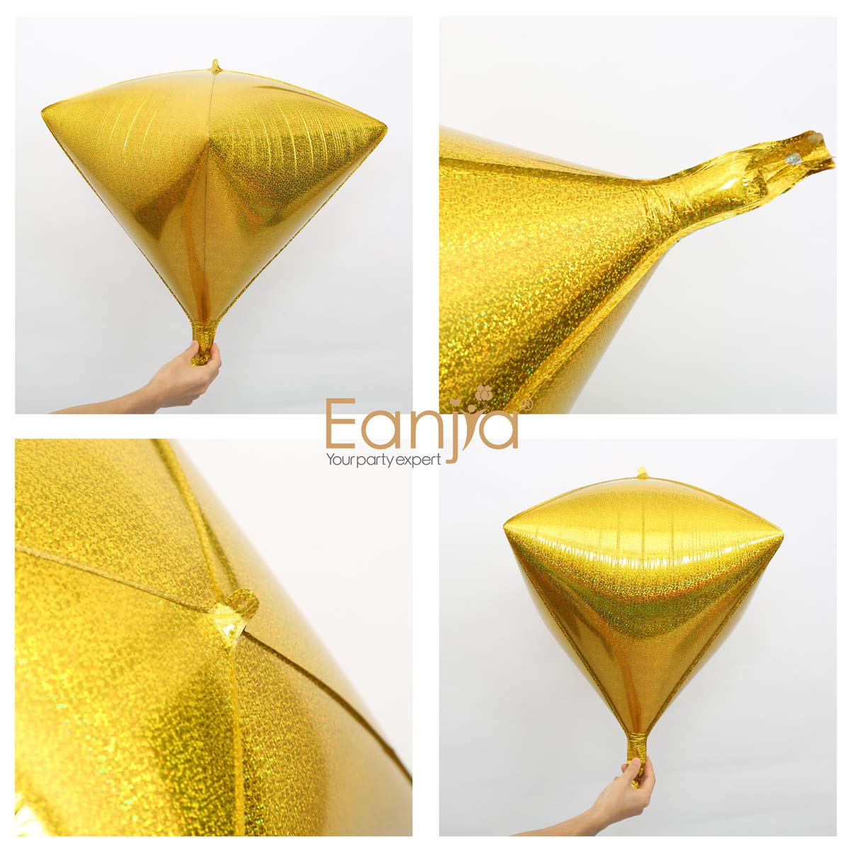 Eanjia Holographic Laser Gold Foil Diamond Balloons 4count 4D Foil Balloons 17"Hangable Triangle Cube-Shaped Aluminum Mylar Balloon Graduation Balloons for Baby Shower Birthday Wedding Family Party School Party Decoration (gold)