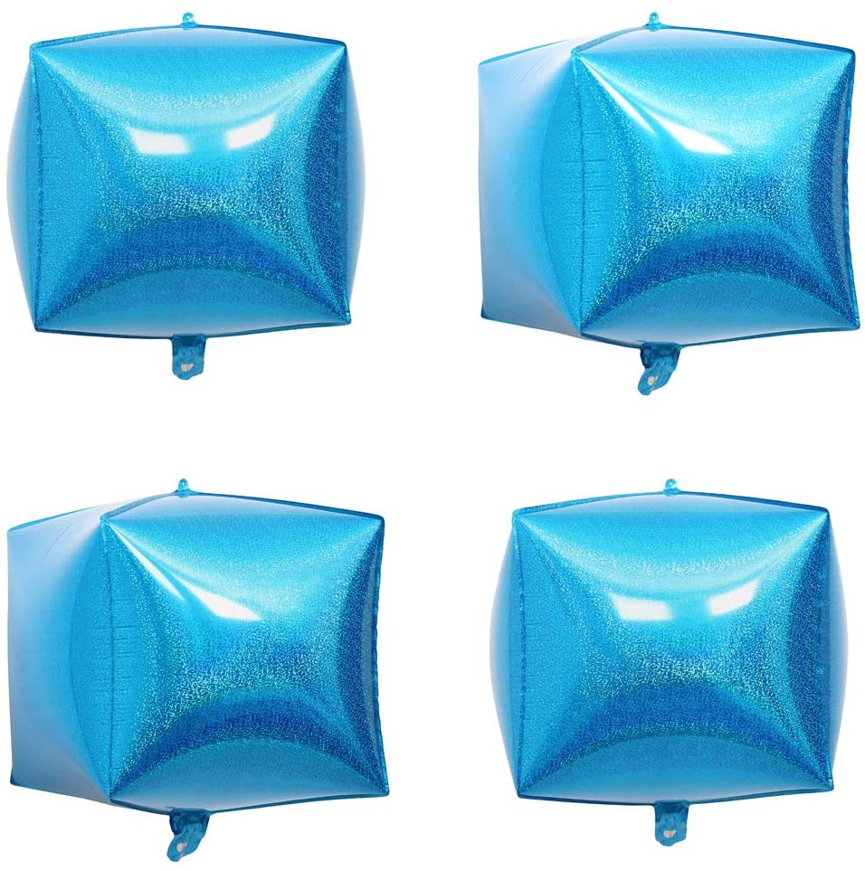 Eanjia Blue Holographic Laser Cube Foil Balloons 4 count 15" Hangable Square Shaped Aluminum Balloon for Wedding Decorations Birthday Party Baby Shower Engagement Party Backdrop Venue Decor