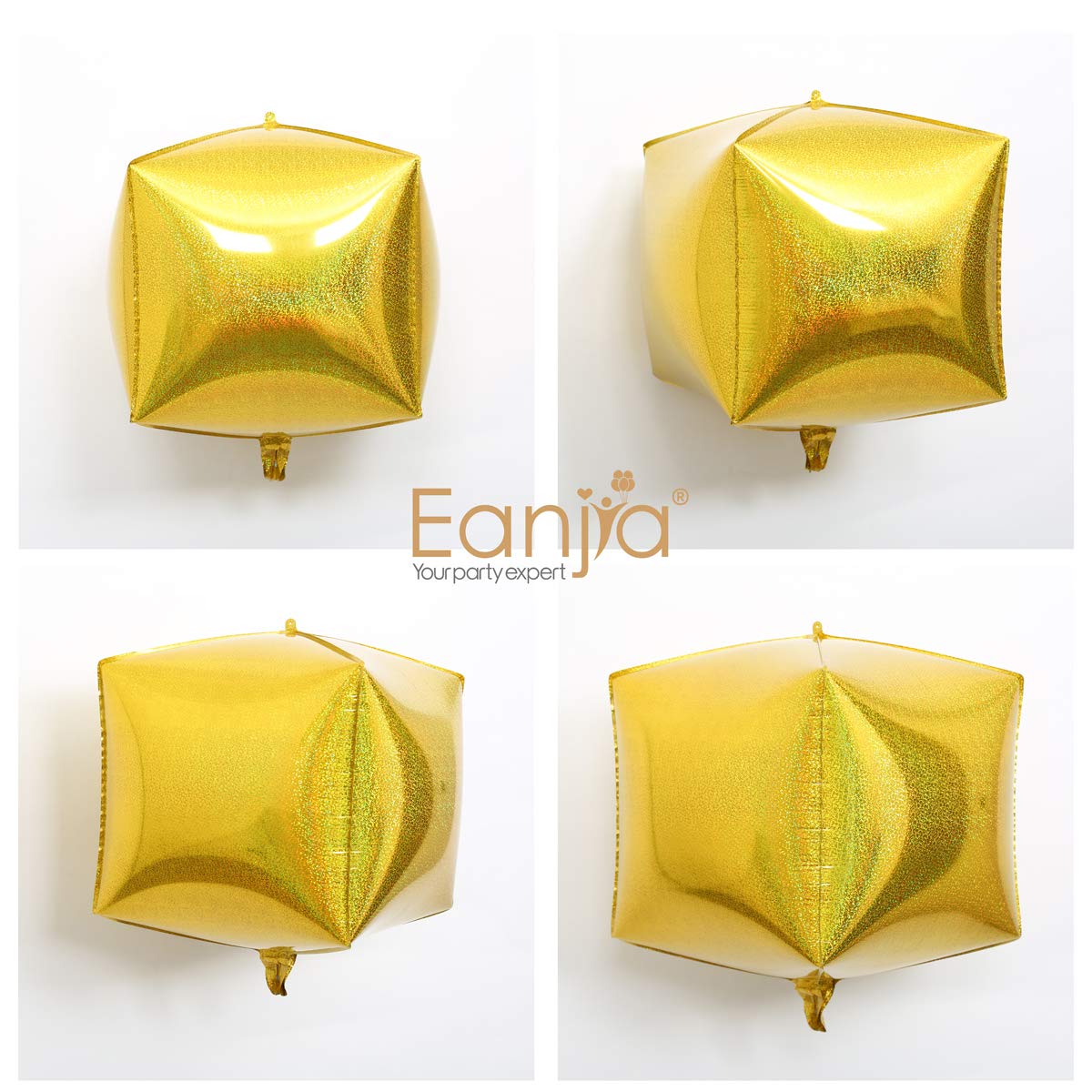 Eanjia Gold Holographic Laser Cube Foil Balloons 4 count 15" Hangable Square Shaped Aluminum Balloon for Wedding Decorations Birthday Party Baby Shower Engagement Party Backdrop Venue Decor