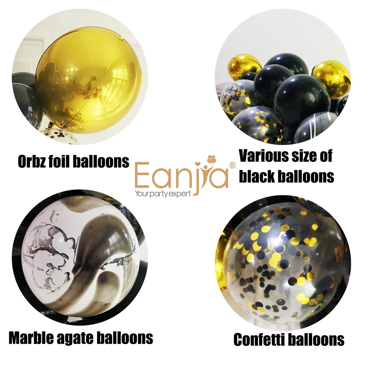 Eanjia Gold and Black Balloons Garland Kit 5"-18" Agate Balloons Confetti Balloons Gold Orb Balloons Arch for Birthday Masquerade Gasby Party Decor (Black & Gold)