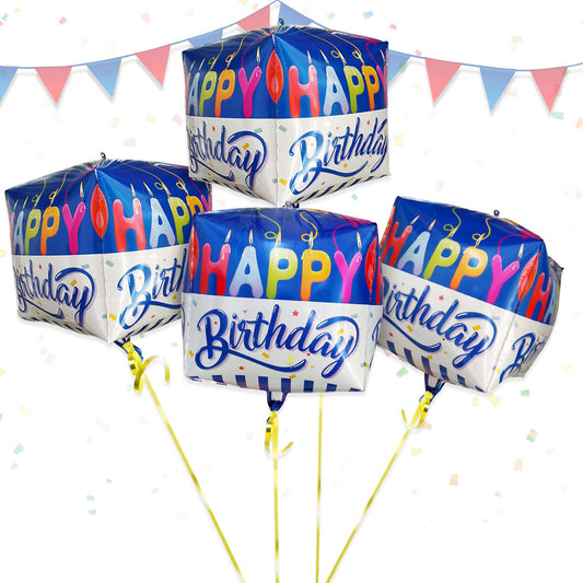 Eanjia Happy Birthday Cube Balloons Blue Candle Happy Birthday 4D Square Foil Balloons Hangable 15" Large Box Shape Aluminum Mylar Balloon for Birthday (Cube-Happy Birthday A)