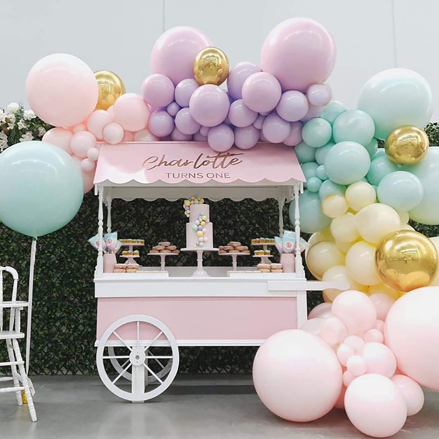 Eanjia Luxury Macaron Balloon Garland Kit Double-Stuffed 5" 10" 24" Pastel Pink,Green,Yellow,Purple Latex balloons 4D Gold foil Balloons for Wedding Baby Shower Birthday Party Backdrop Venue (Macaron)