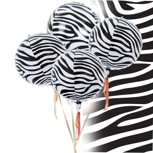 Eanjia Zebra Pattern 4D Balloons 4pcs Safari Print Balloons 4D Round Foil Balloons for Baby shower Photo Shower Birthday Party Supplies Wedding Balloon Arch Kit Zebra Balloon Garland Kit Zoo Decorations