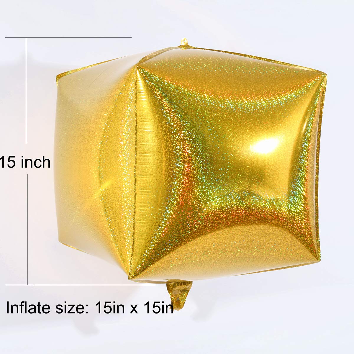 Eanjia Gold Holographic Laser Cube Foil Balloons 4 count 15" Hangable Square Shaped Aluminum Balloon for Wedding Decorations Birthday Party Baby Shower Engagement Party Backdrop Venue Decor