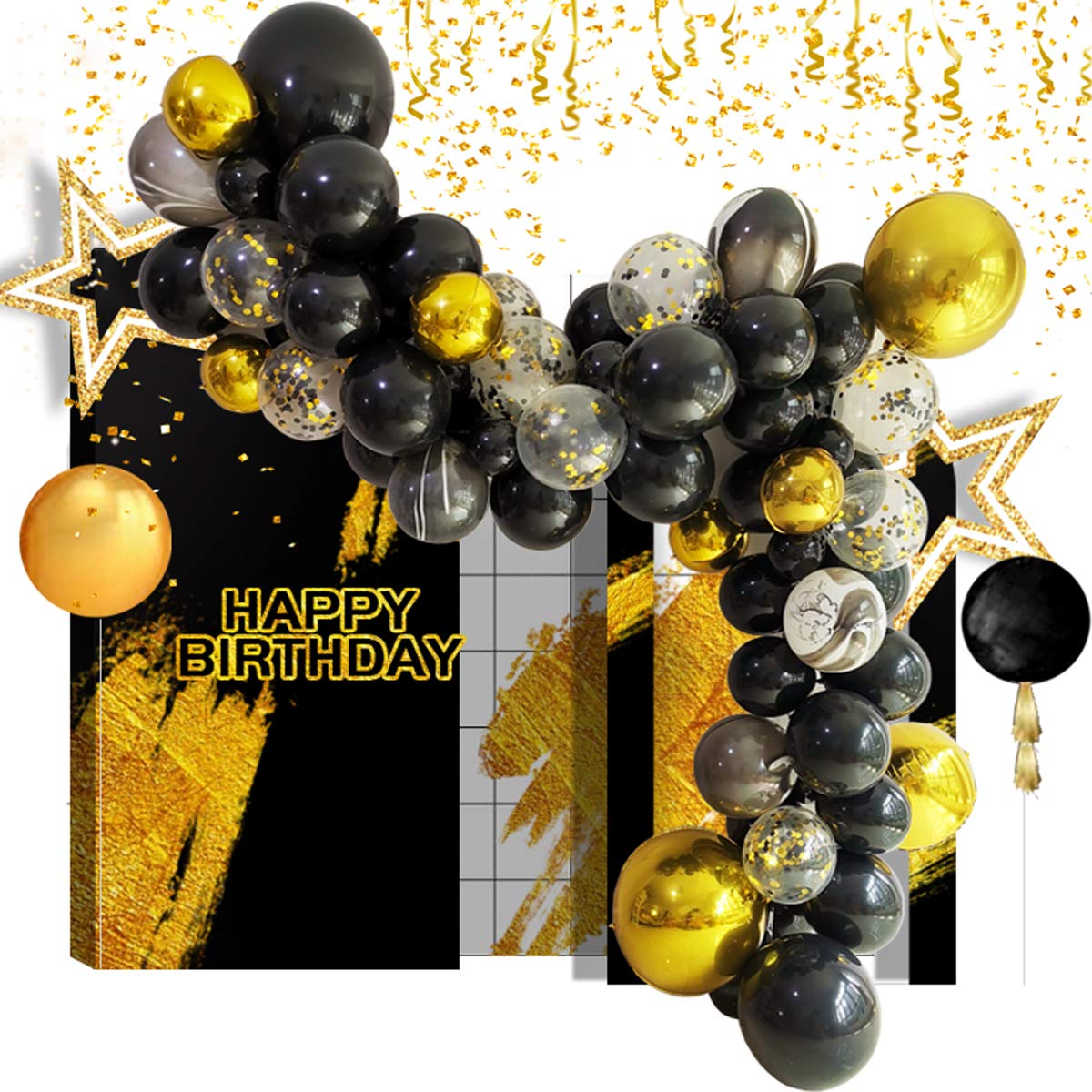 Eanjia Gold and Black Balloons Garland Kit 5"-18" Agate Balloons Confetti Balloons Gold Orb Balloons Arch for Birthday Masquerade Gasby Party Decor (Black & Gold)