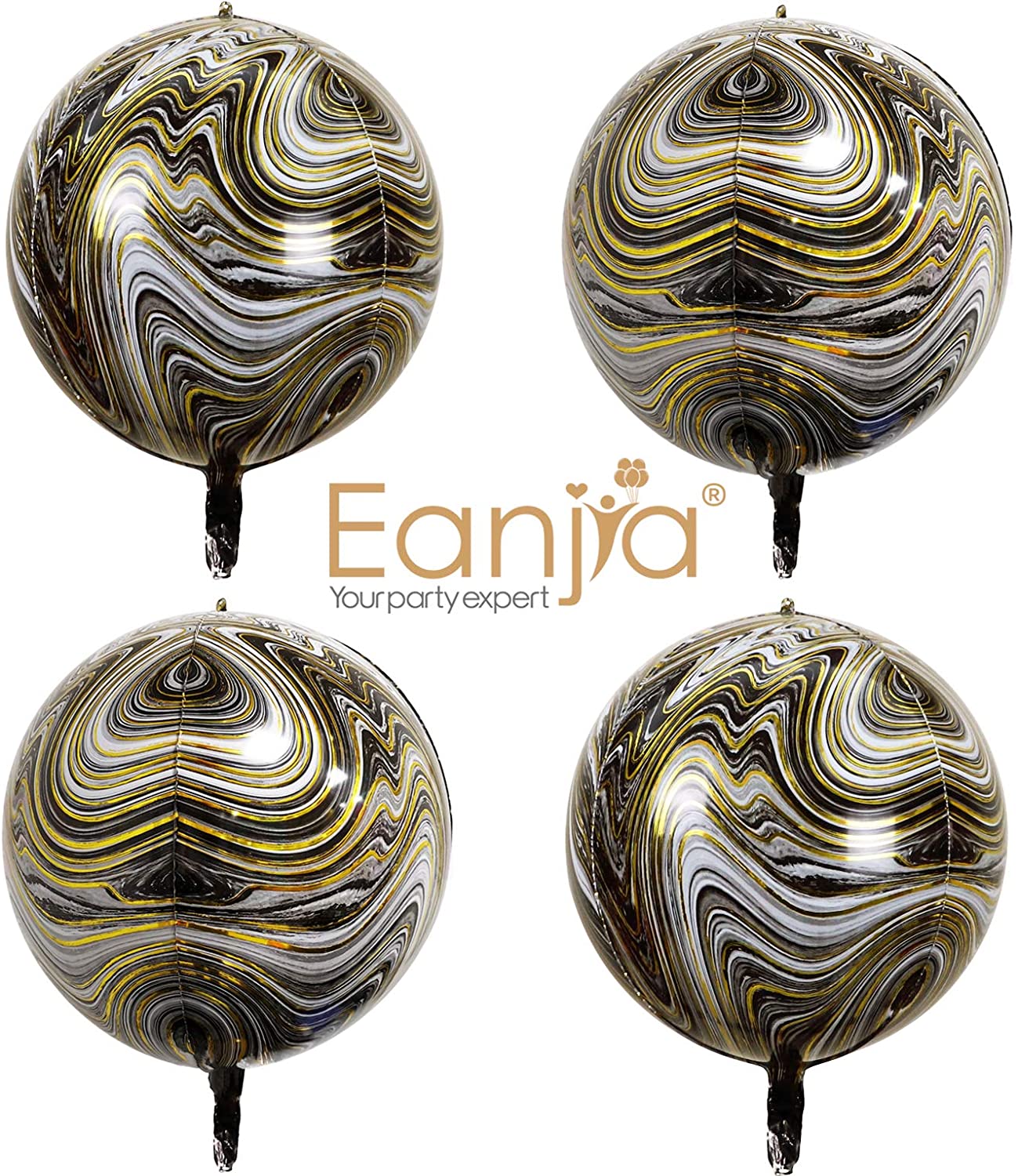 Eanjia Black Gold Agate Orb Balloons Hangable 4 Count 16" 4D Foil Balloons Graduation Balloons Round Aluminum Balloons 22 Birthday Balloons Decorations Wedding Balloon Arch Kit Black Gold Celebration Party Supplies