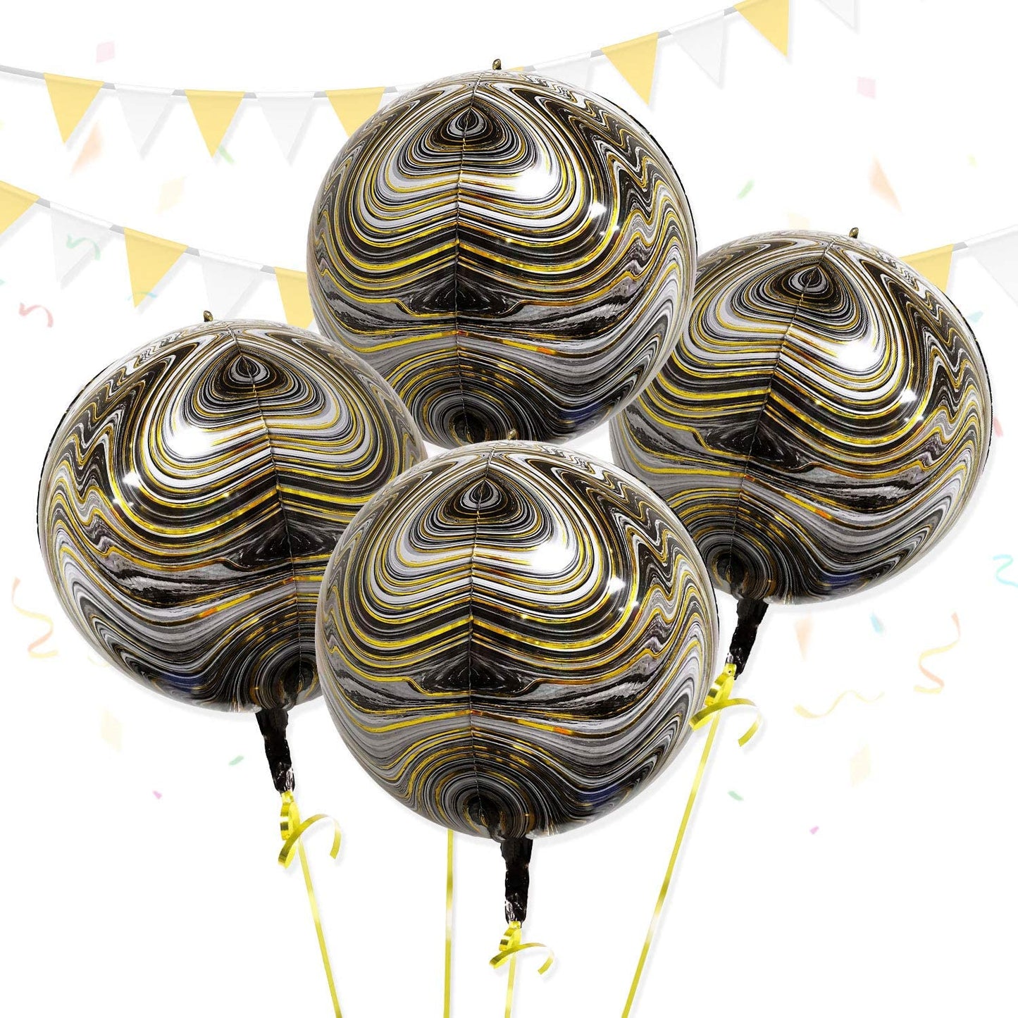 Eanjia Black Gold Agate Orb Balloons Hangable 4 Count 16" 4D Foil Balloons Graduation Balloons Round Aluminum Balloons 22 Birthday Balloons Decorations Wedding Balloon Arch Kit Black Gold Celebration Party Supplies