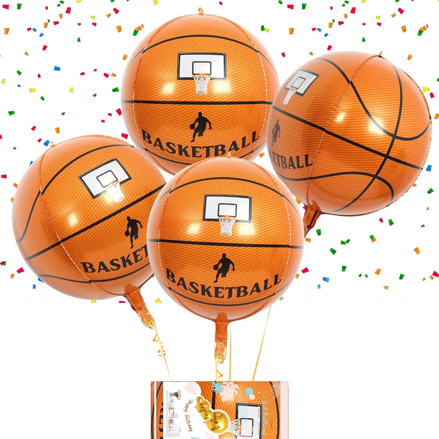 16" Bastketball Orb Foil Balloons Hanagable 4D Large Maylar Sphere Balloons Sports Theme Party Supplies Decoration 4pcs (Basketball)