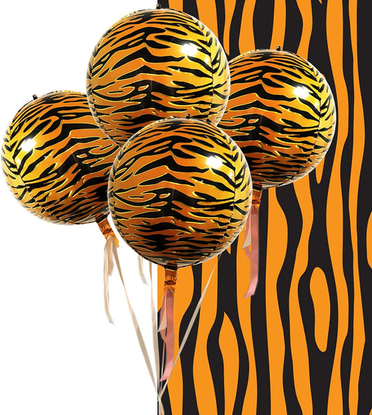 Eanjia Tiger Balloon Hangable 4 Count 16" Safari Print Balloons 4D Round Foil Balloons for Baby shower Photo Shower Birthday Party Supplies Wedding Balloon Arch Kit Tiger Balloon Garland Kit Zoo Decorations