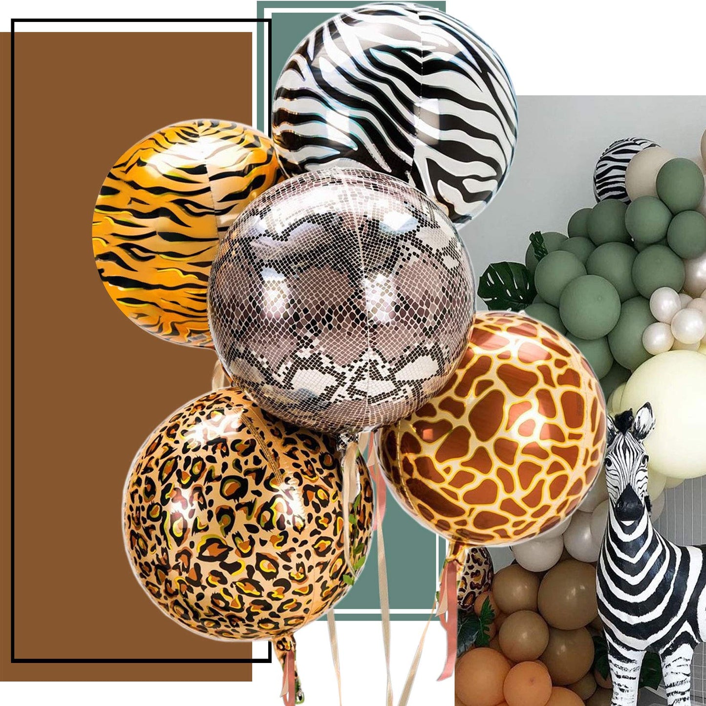 Eanjia Animal Print Balloons Hangable 5 Count 16" Safari Print Balloons 4D Round Foil Balloons for Baby shower Photo Shower Birthday Party Supplies Wedding Balloon Arch Kit Animal Balloon Garland Kit Zoo Decorations