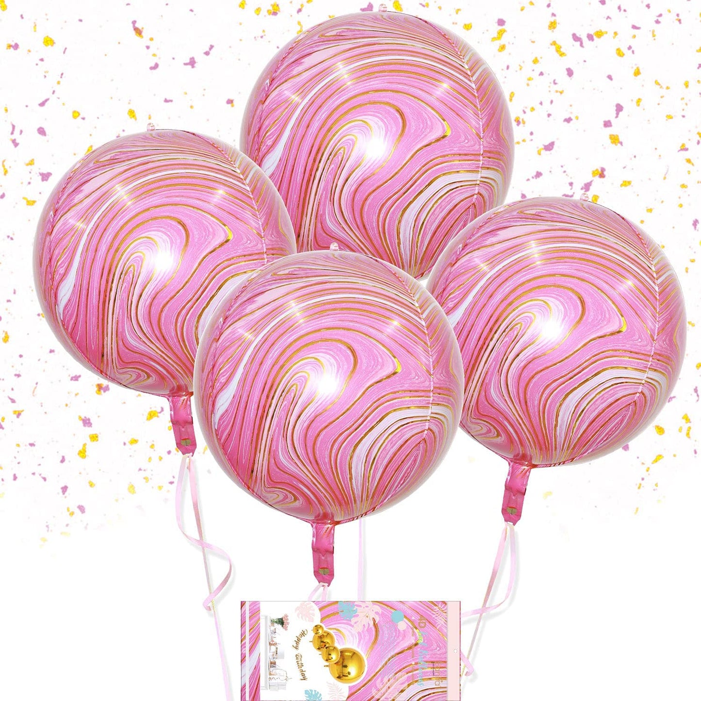 Eanjia Pink Gold Agate Orb Balloons Hangable 4 Count 16" 4D Foil Balloons Round Aluminum Balloons 22 Birthday Balloons Decorations Wedding Balloon Arch Kit Pink Gold Celebration Party Supplies