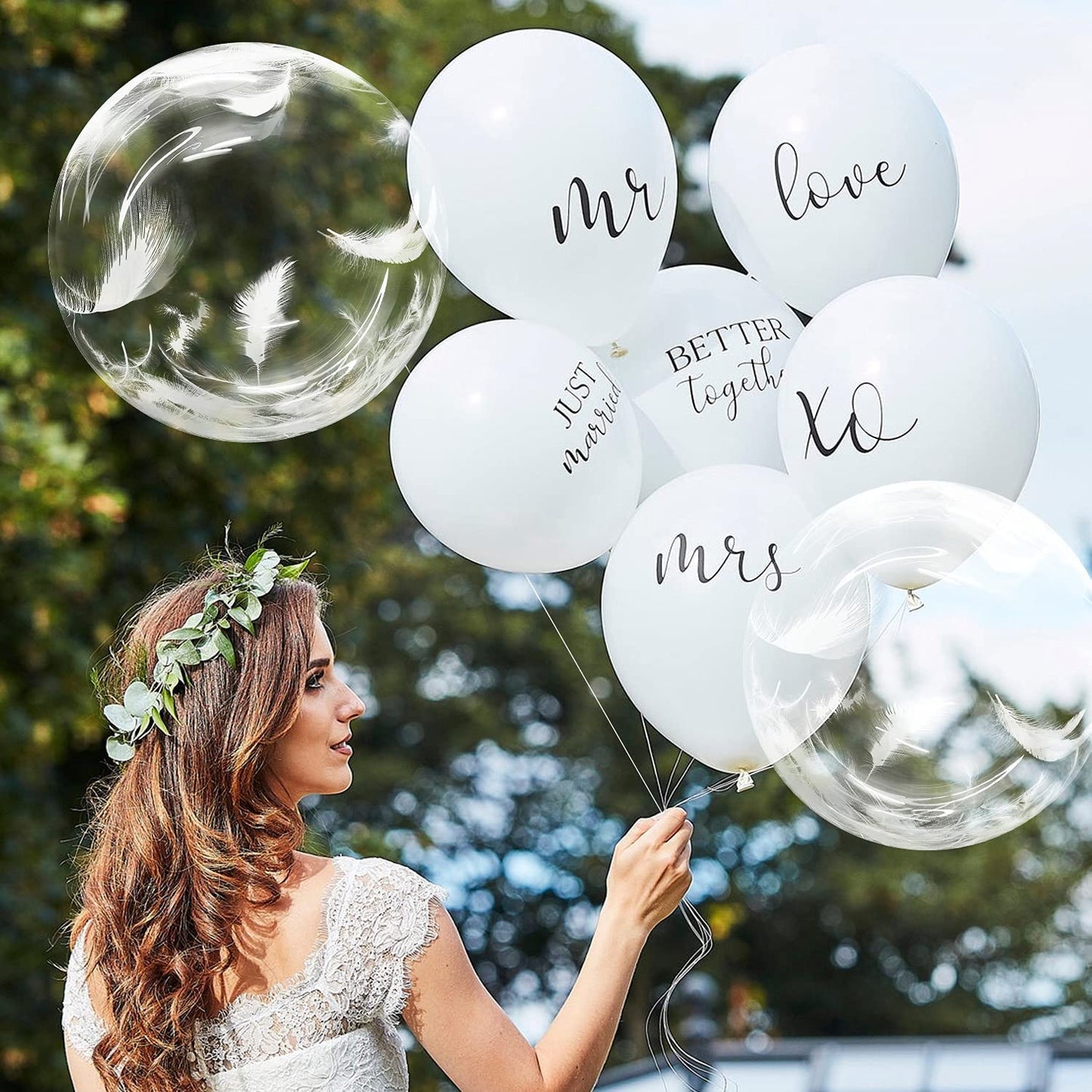 Eanjia 18" Self-sealing White Feather Bubble Balloons 10Pcs 20 Yard Ribbon Transparent Bobo Balloons for Wedding Bridal Shower Decoration Engagement Graduation Supplies