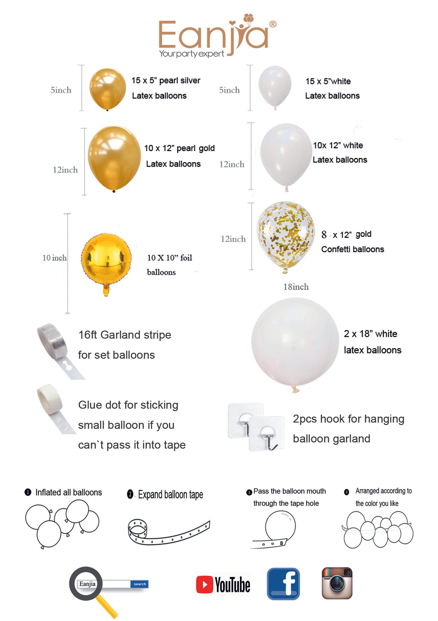 Eanjia Gold Balloons Garland Kit DIY 70pcs Latex Balloons Confetti Balloons Foil Balloons Combo / Arch Hooks Balloon Tape Glue Dot Beginner Use for Birthday Wedding Party Backdrop Venue Decor