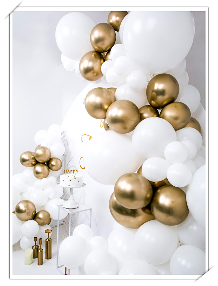 Eanjia Wedding Organic Balloon Garland Kit White Chrome Gold Latex Balloon 5" to 18" 140pcs for Engagement Wedding Party Backdrop Decoration Venue