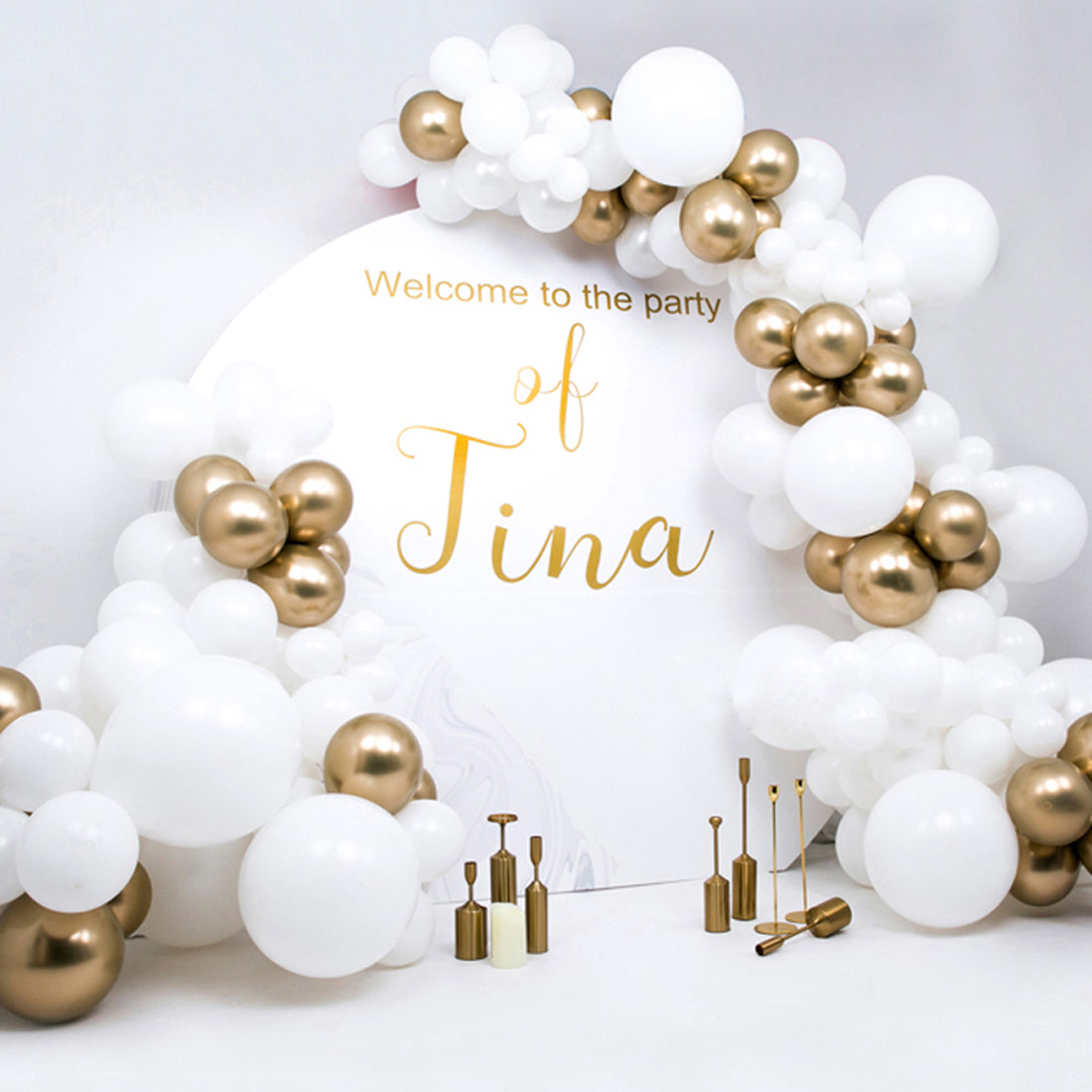 Eanjia Wedding Organic Balloon Garland Kit White Chrome Gold Latex Balloon 5" to 18" 140pcs for Engagement Wedding Party Backdrop Decoration Venue