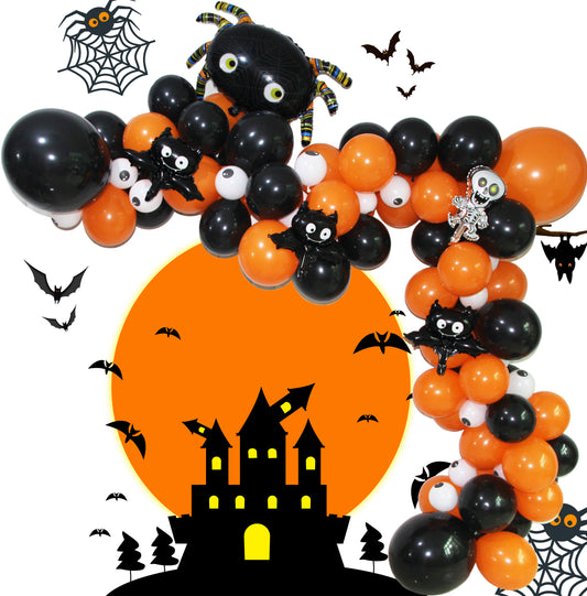 Eanjia Halloween Balloons Garland Kit DIY Balloon Arch Kit 5-18" Latex Balloons,Big Spider Mini Skull,Bat Foil Balloons 16ft Stipe Tape Glue Dots for Halloween Party Decoration