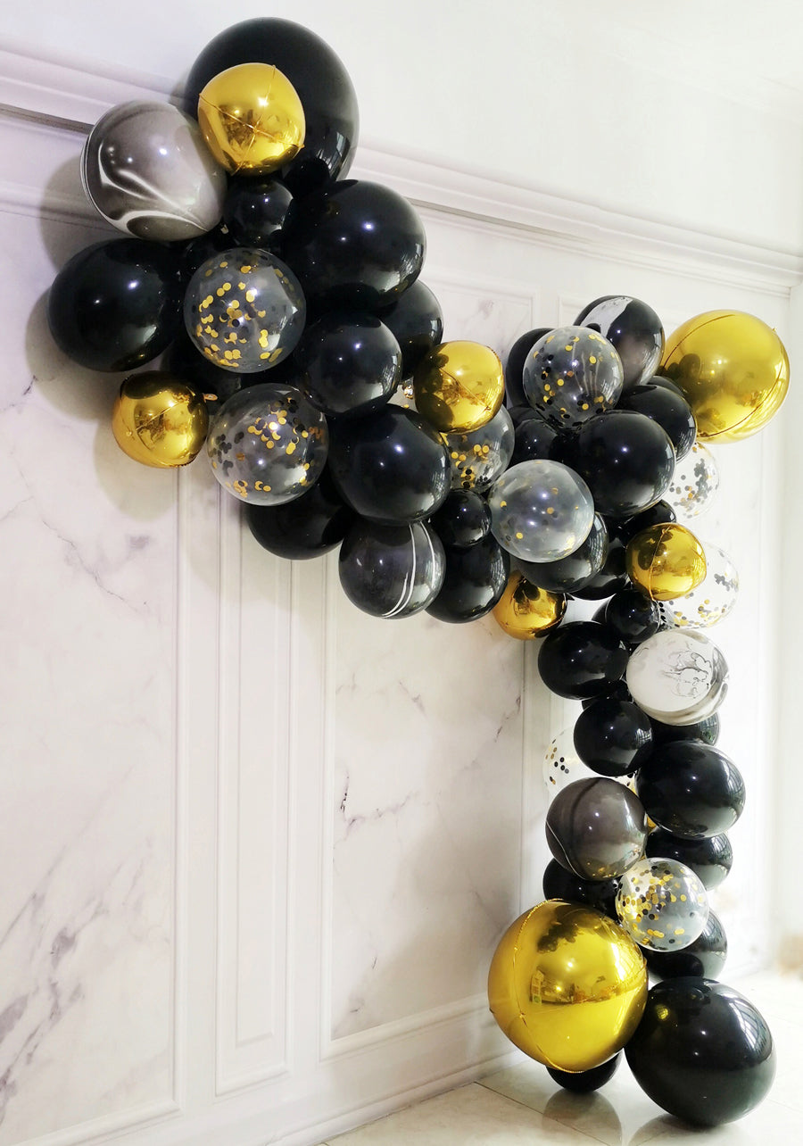 Eanjia Gold and Black Balloons Garland Kit 5"-18" Agate Balloons Confetti Balloons Gold Orb Balloons Arch for Birthday Masquerade Gasby Party Decor