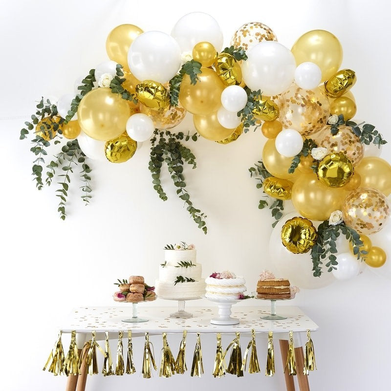 Eanjia Gold Balloons Garland Kit DIY 70pcs Latex Balloons Confetti Balloons Foil Balloons Combo / Arch Hooks Balloon Tape Glue Dot Beginner Use for Birthday Wedding Party Backdrop Venue Decor