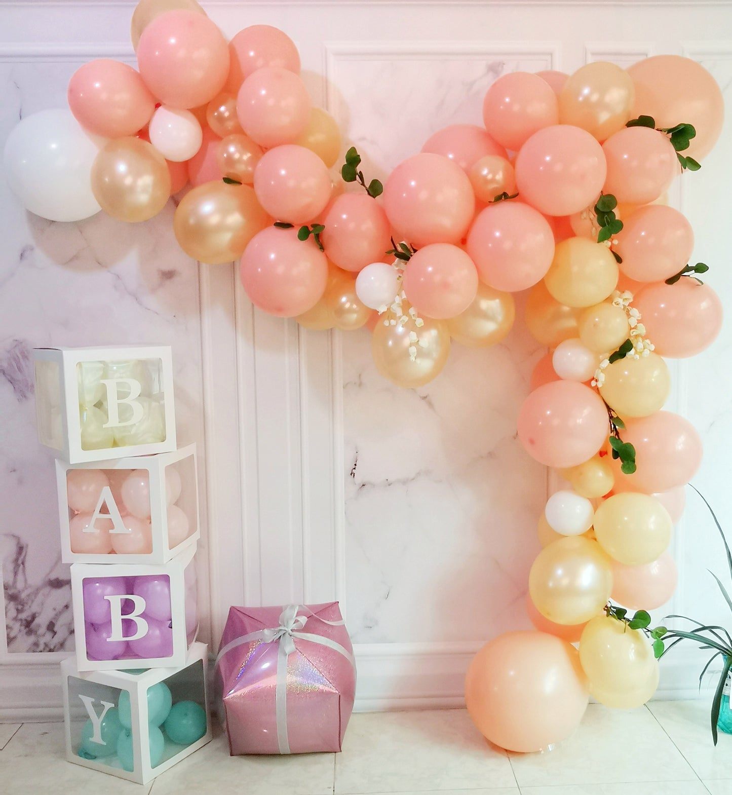 Eanjia Peach Balloon Arch Garland Kit 5-18" Peach Blush White and Champagne Balloon for Baby Shower Peach Wedding Decorations Glue Dots Balloon Stripe Tape Hooks Easy DIY for First Use