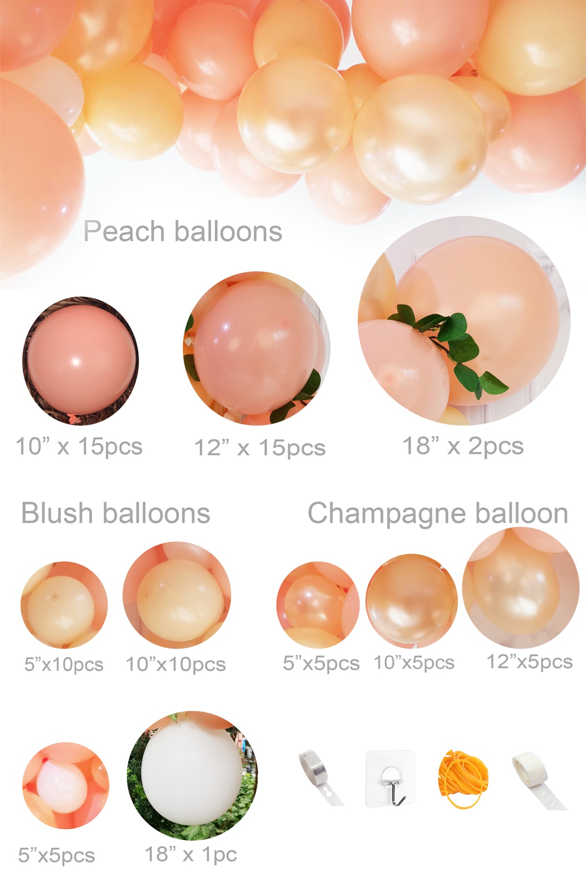 Eanjia Peach Balloon Arch Garland Kit 5-18" Peach Blush White and Champagne Balloon for Baby Shower Peach Wedding Decorations Glue Dots Balloon Stripe Tape Hooks Easy DIY for First Use